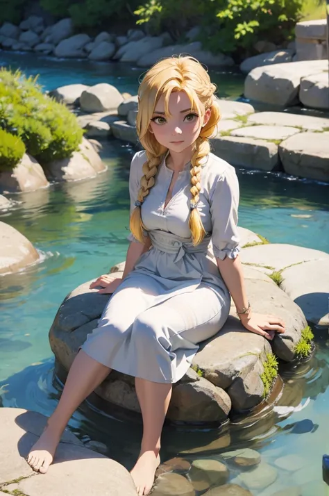 Beautiful blonde woman, braided updo, sitting by the river, relaxed, sunbathing