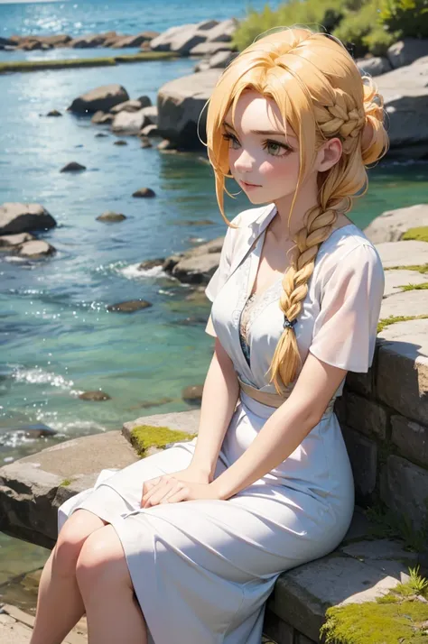 Beautiful blonde woman, braided updo, sitting by the river, relaxed, sunbathing