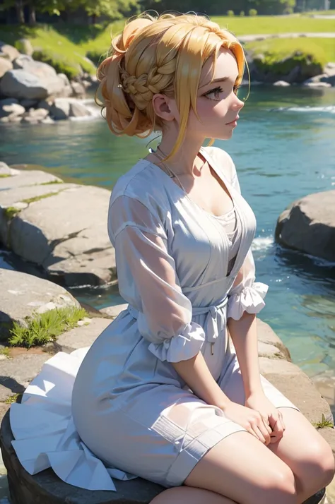 Beautiful blonde woman, braided updo, sitting by the river, relaxed, sunbathing