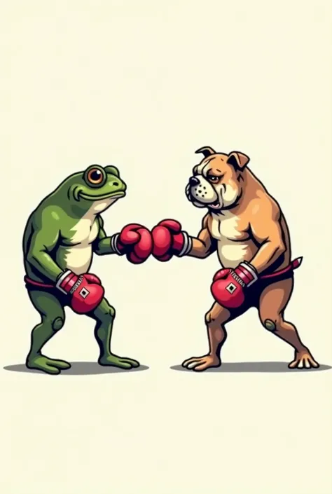 a frog and a bulldog in a boxing match, simplistic tattoo, 1 frog, 1 bulldog, boxing gloves, tattoo design, minimalist art style