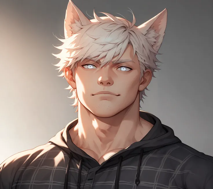 best quality, masterpiece, extremely detailed, close up of muscular lean man, rugged windswept hair, oversized black hoodie, Plaid Shirt, jeans, white fox ears, white fox tail, Kitsune, Muscular, albino eyes, messy hair, chin stubble, facial stubble, nerdy...