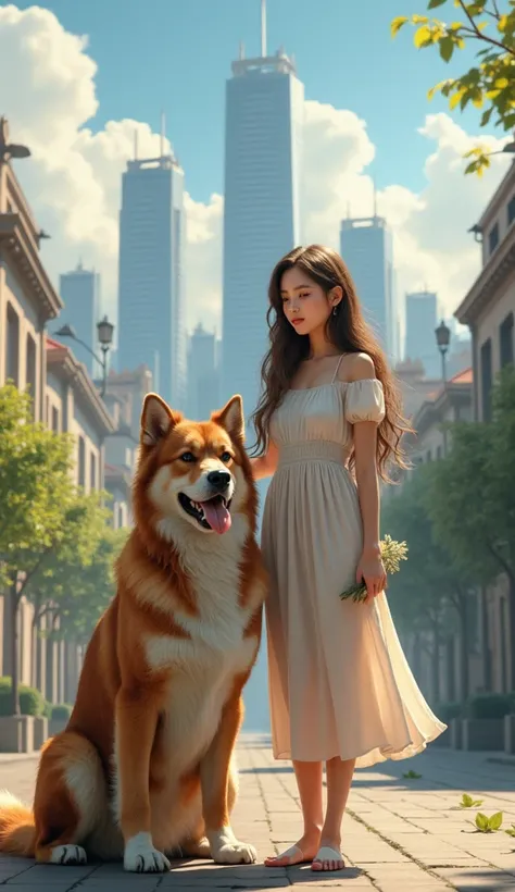 A beautiful girl and a big dog with a beautiful city