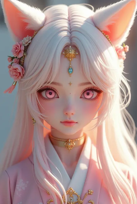 A close-up of a beautiful young woman with long, flowing platinum blonde and pastel pink hair styled with fluffy white cat ears. She has a delicate face with soft pink eyes and a serene expression, enhanced by subtle makeup. She is adorned with intricate a...