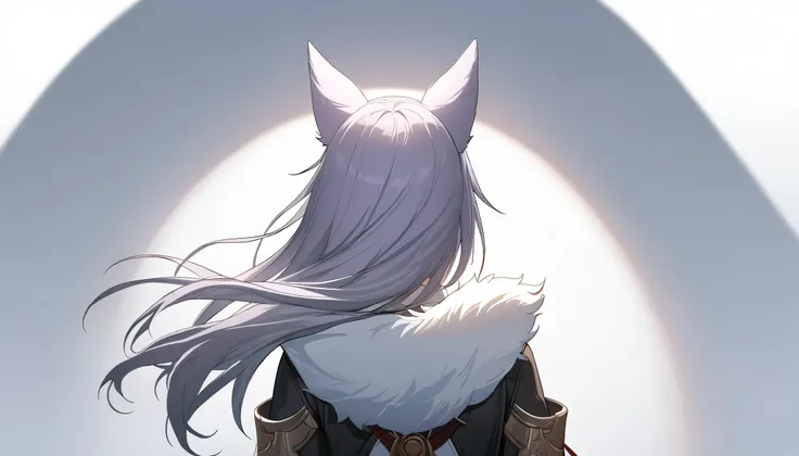 (baiheng), honkai star rail, star rail, (masterpiece), (best quality), (ultra detailed), (illustration), (1girl), back view, facing away from camera, (simple background), fox ears, light purple hair, foxian, baiheng, long hair, white fur collar, black clot...