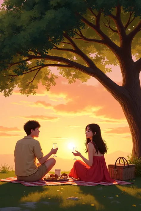 A couple having a picnic under a tree watching the sunset together ,  the boy in a beige blouse with the shorts of the same color and the girl in a red dress 