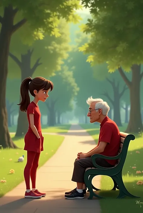 Prompt 2:
Create a Disney Pixar style wide shot of the younger person in a red workout outfit, standing and facing the elderly man sitting on the park bench. The younger person is looking at the man inquisitively. The subject is placed on the left side of ...