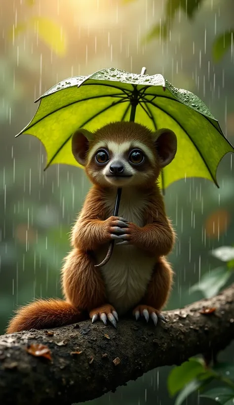 An adorable baby Bengal sloth lori with a miniature sad area, incredibly realistic and detailed, holding a tree leaf and using it as an umbrella in a heavy rain. The baby lazy Lori sits delicately on her buttocks like a human on a tree branch in a jungle. ...