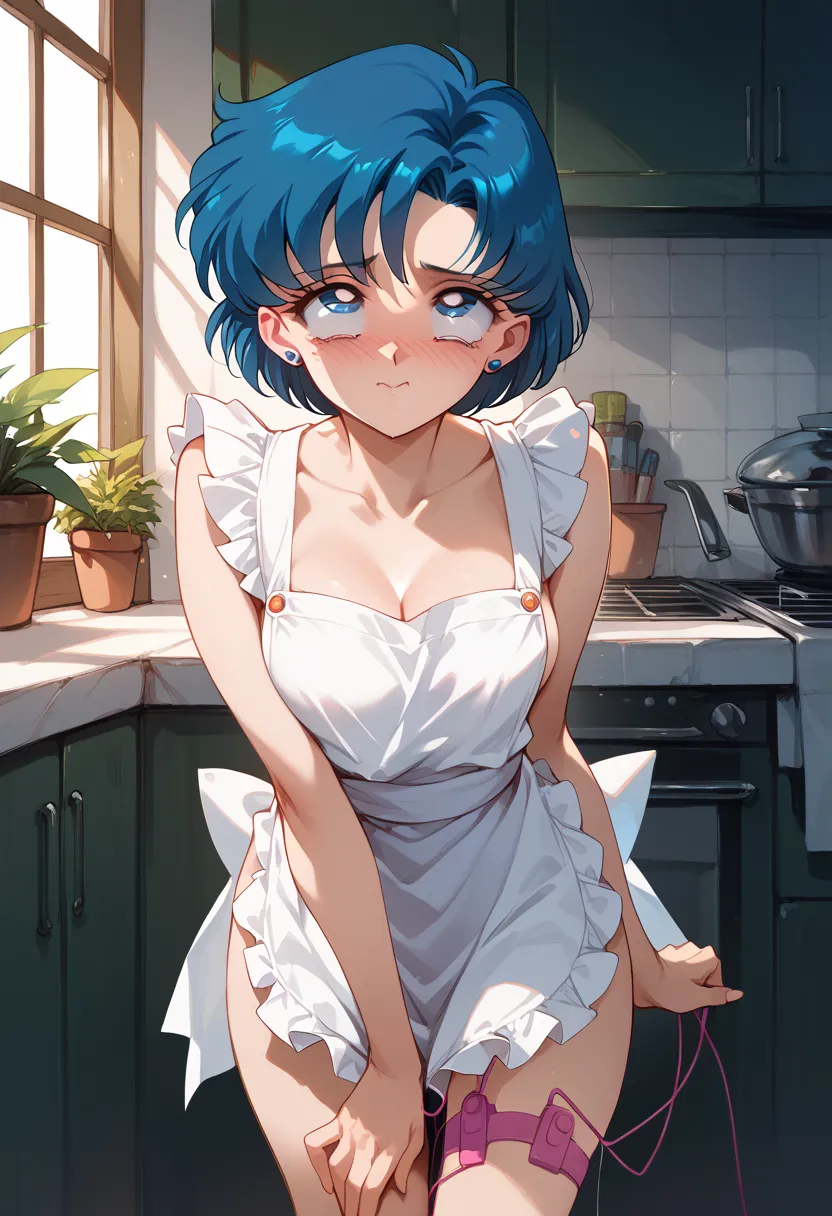 masterpiece, high definition , best quality,8k (sailor mercury, mizuno ami,short hair)(completely naked, naked apron, rolling ey...