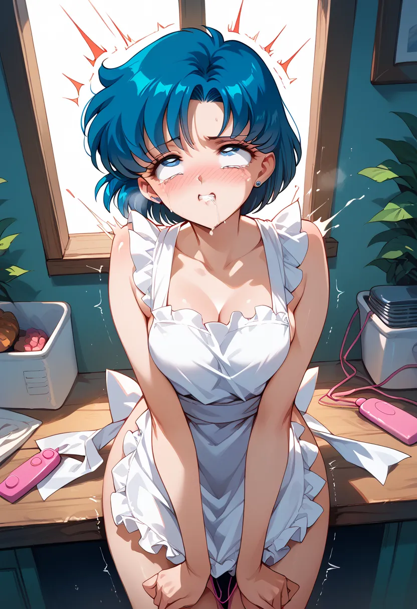 masterpiece, high definition , best quality,8k (sailor mercury, mizuno ami,short hair)(completely naked, naked apron, rolling ey...