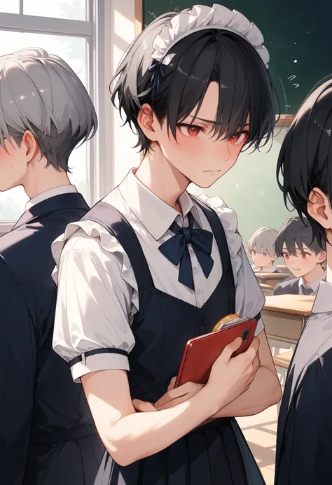 (( 2 male high school students ))、( 1 man with short hair, black hair, blue eyes)、(1 man with short hair, gray hair, red eyes )、((School Festival、classroom))、( maid clothes)、Embarrassed