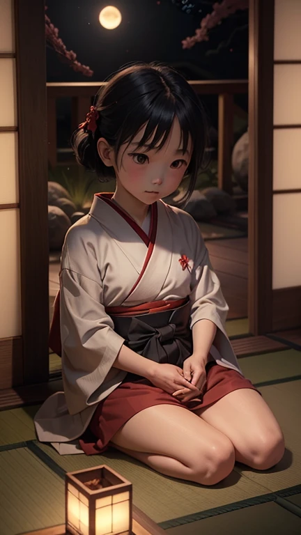 A mischievous Zashiki-Warashi, a Japanese house spirit that resembles a small  with short, neat black hair and rosy cheeks. It wears a simple, colorful kimono and sits cross-legged on a tatami mat in a cozy, dimly lit traditional Japanese room. The spirits...