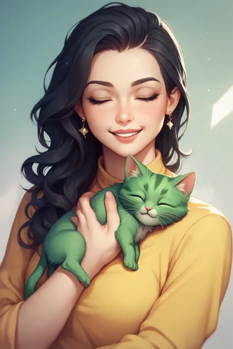 Create a hand-drawn style illustration of a person with long, wavy black hair, wearing a yellow shirt, and holding a green cat. The person should have a content expression, with closed eyes and a slight smile, and the cat should have a similar content expr...