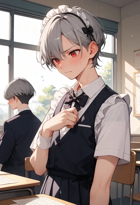 (( 2 male high school students :1.5))、( in the classroom)、(1 man with short hair, gray hair, red eyes )、((School Festival、classroom))、( maid clothes)、Embarrassed