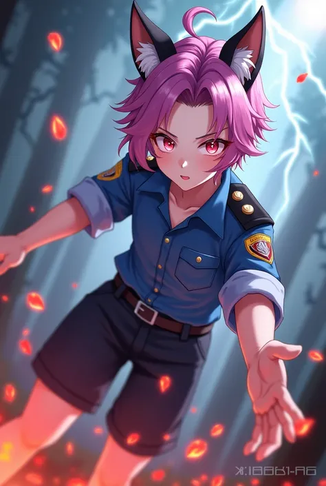 XIAOXING,1boy,male focus,close-up,focus on face,black animal ears,flat and slim body,pink gradient purple hair,parted bangs,short hair,security uniform,police uniform,blue collared shirt,parted bangs,glowing eyes,flaming eyes,perfect hands,shorts,looking_a...