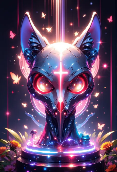 pixelated style,(glowing red,cross-shaped glow,blooming flowers)),interstellar misty background,polished,silver cat skull,light composition,rainbow,rainbow around the cat skull,vibrant,various structural power effect illustrations,glorious circular composi...