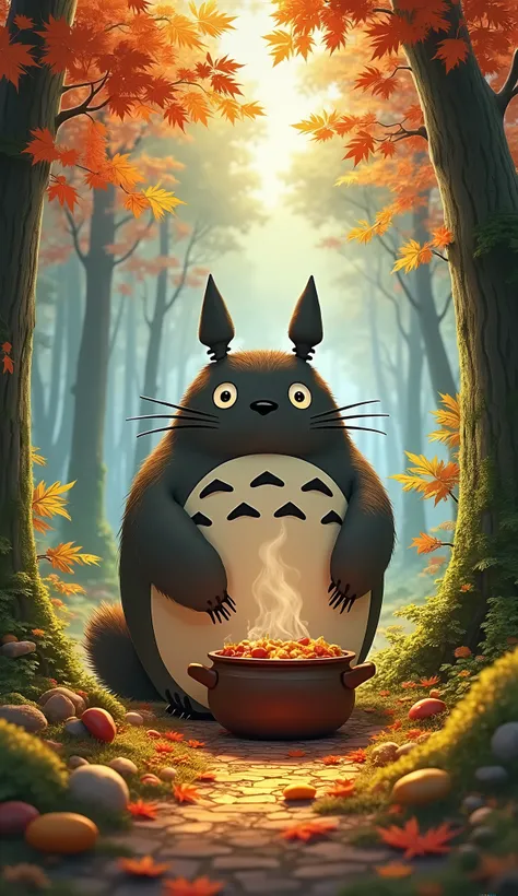 Realistic Totoro by Studio Ghibli 、 making mushroom stew in the autumn forest、 in a forest of autumn leaves、Falling leaves fluttering、 high definition 、 High Quality 、 high detail、High brightness、 High Contrast 、Low noise 、 high sharpness 、 high chroma、 st...