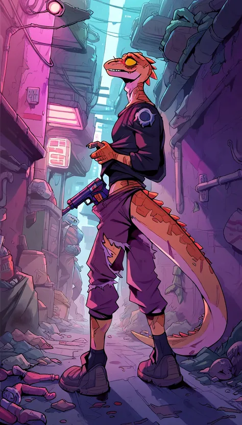 score_9, score_8_up, score_7_up, (cyberpunk city, night street, midnight, dirty street, garbage, alley, gang quarter background), ((Lizard:1.2), anthro, male, skinny, pale, bags under his eyes, dreamy face, drug addict, alcoholic, groggy, garbage around, d...