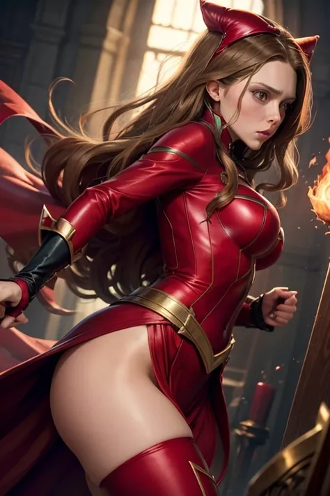 Elizabeth Olsen Scarlet witch athletic body slim waist very large breasts big buttocks red clothes witch casting spells 