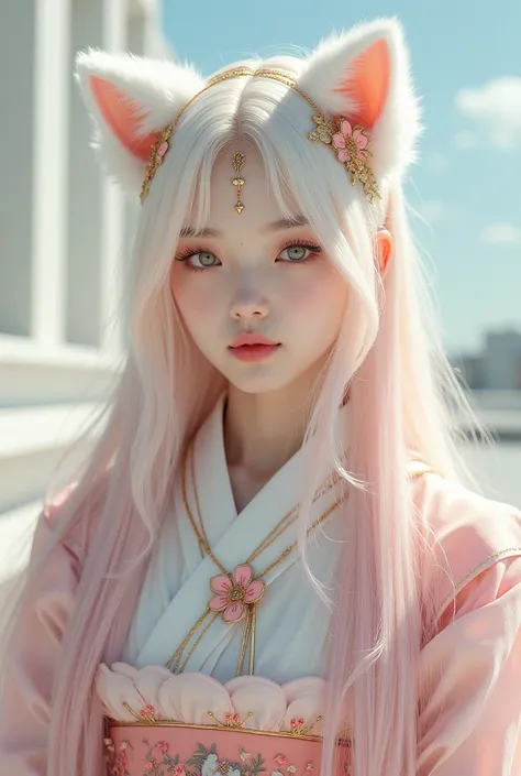 walking forward with a massive, a full view of the model, asian girl 18 years, A close-up of a beautiful young woman with long, flowing platinum blonde and pastel pink hair styled with fluffy white cat ears. She has a delicate face with soft pink eyes and ...