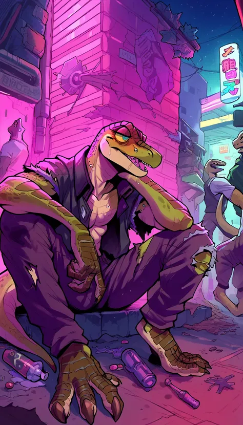 score_9, score_8_up, score_7_up, (cyberpunk city, night street, midnight, dirty street, garbage, street, gang quarter background), ((Lizard:1.2), anthro, male, skinny, pale, bags under his eyes, dreamy face, drug addict, alcoholic, groggy, garbage around, ...