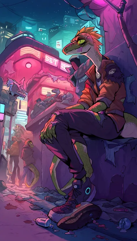 score_9, score_8_up, score_7_up, (cyberpunk city, night street, midnight, dirty street, garbage, street, gang quarter background), ((Lizard:1.2), anthro, male, skinny, pale, bags under his eyes, dreamy face, drug addict, alcoholic, groggy, garbage around, ...