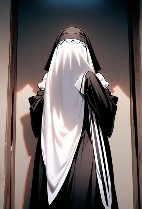 Solo, 1girl, tall women, puff shoulders, black nun outfits, long skirt, faceless, veil /(Veil covering face), sleeves past wrists, sleeves past fingers, sexy, overly long sleeves, wide open loose sleeves, room, standing