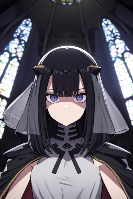 best quality, highly detailed, dark shadows, inside a church, moonlight, bioluminescence , Nitorization, 9a91normal, 1girl, solo, glaring, empty eyes, expressionless, ( mechanical arms:1.1), cape, capelet, (black dress:0.75),long veil, headgear, black arms...