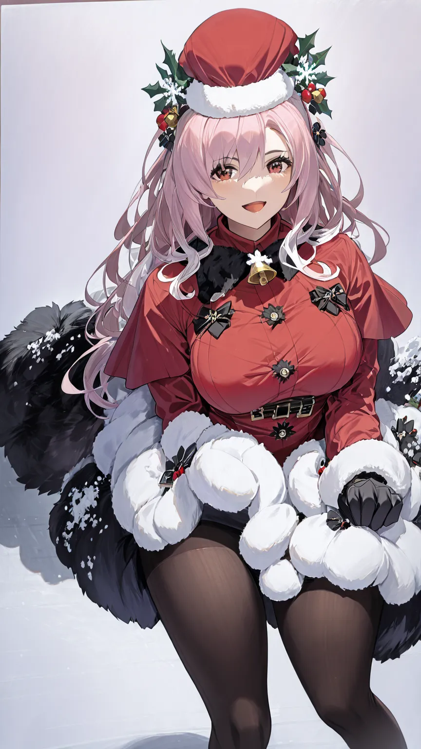 masterpiece,1 girl, selena,pink_hair, gloves, black_gloves, fur_prune, have, santa claus_clothing,  christmas, open_mouth,  smil...