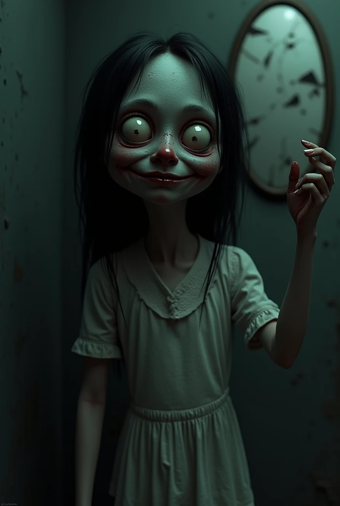 Anna, the narrator of scary stories, is depicted as a terrifying figure. She has pale skin, slightly sunken cheeks, and a partially deformed face with an unnaturally wide smile and gleaming, madness-filled eyes. She wears a house outfit, partially engulfed...