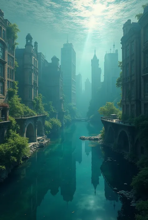 ( best quality, very detailed depiction, incredible high resolution,Photographic images,Bird&#39;s-eye view),The city reflected on the surface of the water,The underwater city is viewed from the perspective of a lake,Sunken City,
