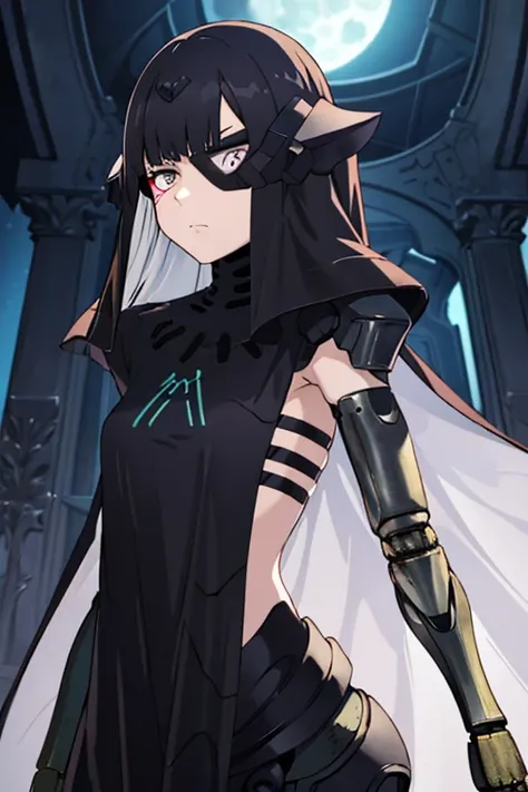 best quality, highly detailed, dark shadows, inside a church, moonlight, bioluminescence , Nitorization, 9a91normal, 1girl, glaring, empty eyes, expressionless, ( mechanical arms:1.1), cape, capelet, (black dress:0.75),long veil, headgear, black arms, from...