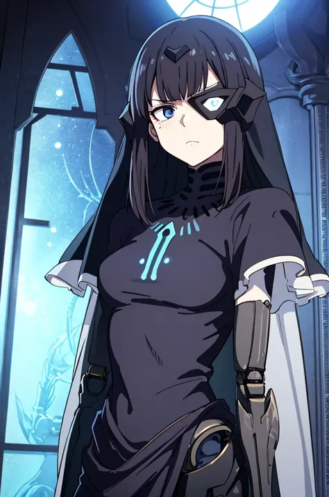 best quality, highly detailed, dark shadows, inside a church, moonlight, bioluminescence , Nitorization, 9a91normal, 1girl, glaring, empty eyes, expressionless, ( mechanical arms:1.1), blue capelet, (blue dress:0.75),long veil, headgear, black arms, upper ...