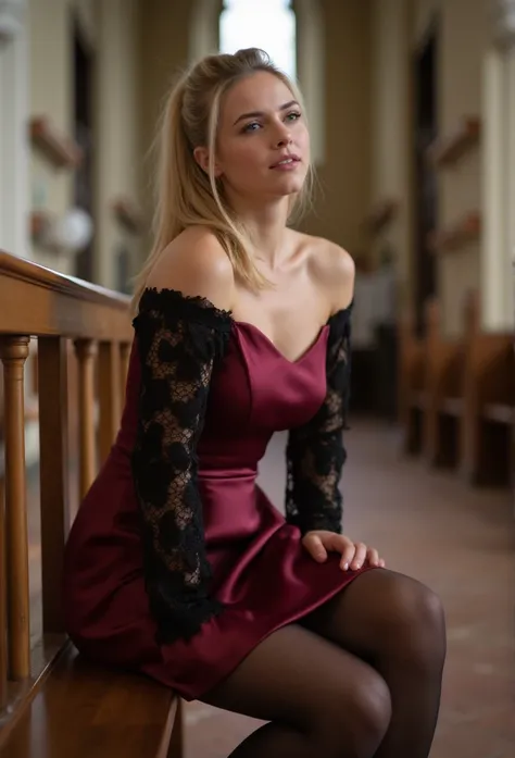 young blonde woman, beautiful eyes. long blonde hair with ponytail. kneelengh dress in burgundy shiny satin with black lace sleeves, Tights, transparent lip gloss, narrow building, Pretty, 2, Full body photo, long legs, Satin top, Sitting in a church and l...