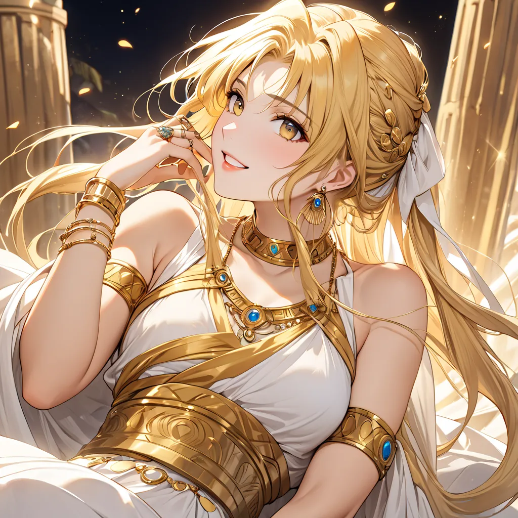 the woman is a happy, beautiful blond fate testarossa who wears ancient greek clothes and is adorned with gorgeous accessories s...