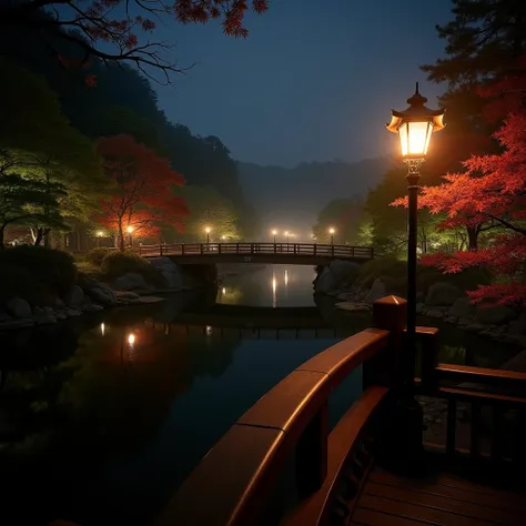  Scenery Seen from the Balustrade of the Wooden Daren Bridge 、Foggy Night 、 Illuminated by the Street Light Attached to the Bridge 、 Warm Colored Light Up 、 Wooden Bridge Hanging in a Beautiful Japanese Garden with the Colors of Autumn Leaves 、 A scene fro...