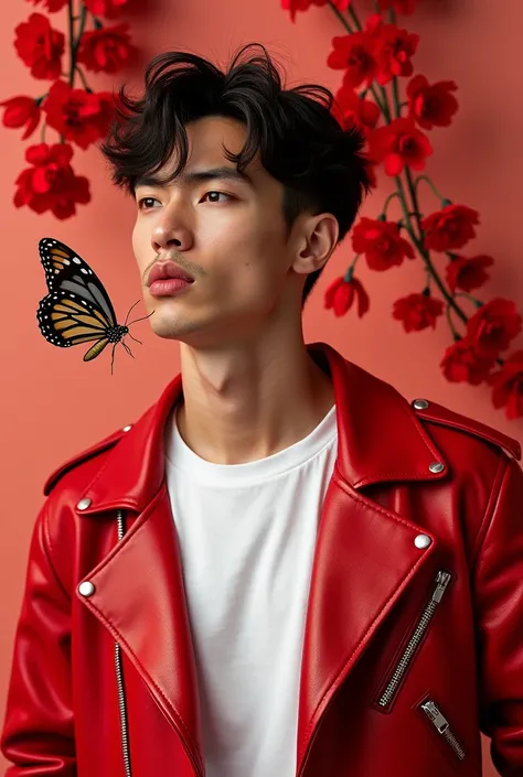 Vogue cover for spring with a red theme. Male model in a red leather jacket, white t shirt, and red flowers around him. he is doing a very fun, dramatic pose.  It looks minimalist, elegant. There is a butterfly towards him. He has also some flowers decorat...