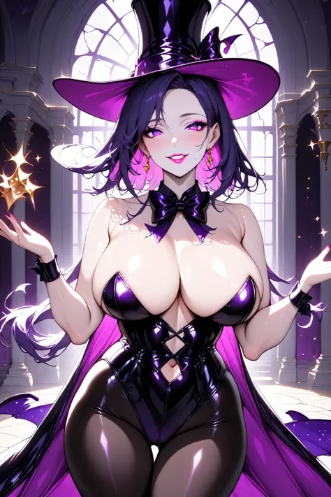  1 mature beautiful woman ,( best quality, very detailed depiction, incredibly absurd high definition,Curvaceous Body),( A bewitching woman is dressed as a magician:1.3),( magician costume , tuxedo, white shirt,Bow tie,Top Hat:1.3, leotard,latex, black tig...