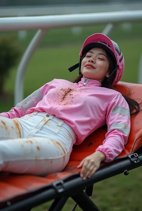 whole body, A cute Japanese female jockey who fell off her horse in racehorce lies on her back on a stretcher,cute,Idol,Idol,Bloodshed, close your eyes ,Heavy bleeding,Serious injury, portrait,Model, Broken Helmets , shortcuts,  small breasts, Gloss,Strong...