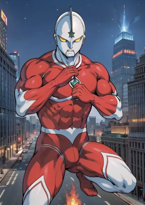 masterpiece,  best quality,(realistic touch,burning city), ultraman,120m tall , metallic skin,combat pose,robust， crotch bulge，s...