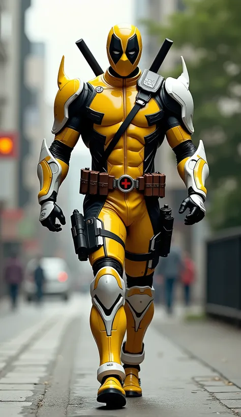 Realistic Deadpool kamen rider in real life with full body armor. Full coated body armor. Colour yellow, white and black. Front, back and side angle. And a helmet that looks like a knight. Walking 