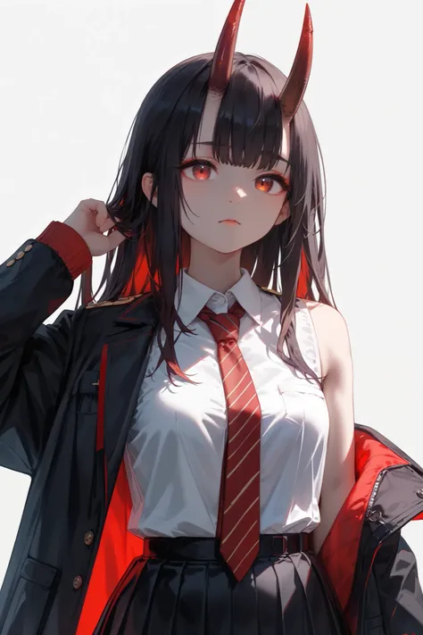 ((black hair, long hair, uniform hair color, straight hair, hair down to the bottom, the inside of the hair is grayish)), ((red horns, horns like oni or ogres, straight horns, two horns)), red eyes, ((school uniform, white sleeveless shirt, burgundy tie, b...