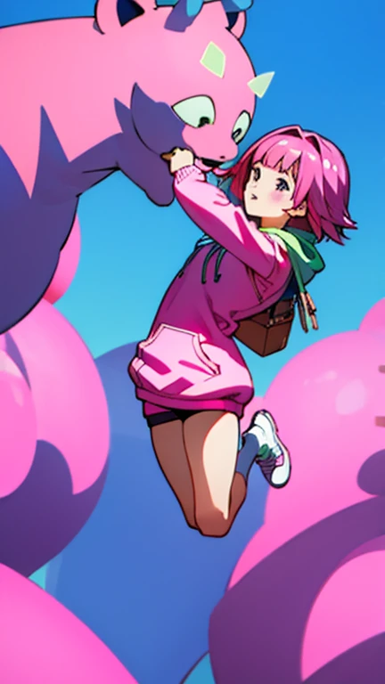  Girl jumping off a candy skyscraper 、(( short bob、 pink hair))、 Colorful Outfit 、(( Futuristic Hoodie 、 Futuristic Shorts ))、 Scattering Candy 、 High Angle Full Body Shot 、Colourful City 、 Being sniped by two cute costumes but doesnt hit、( Ballistic Colou...