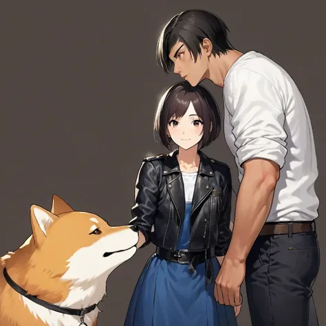 anime couple with dog and girl in blue dress,   ANIME REALISM STYLE  , by Oze Kanaoka,  anime style,  anthropomorphic Shibainu ,  realistic anime art style , Made by Anime Artist Studio,  realistic animated 3D style ,  Realistic Anime Style ,  anime painte...