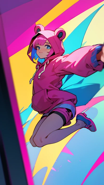  Girl jumping off a candy skyscraper 、(( short bob、 pink hair))、 Colorful Outfit 、(( Futuristic Hoodie 、 Futuristic Shorts ))、 Scattering Candy 、 High Angle Full Body Shot 、Colourful City 、 Being sniped by two cute costumes but doesnt hit、( Ballistic Colou...