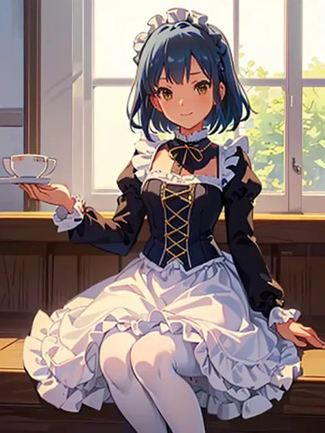 Yuriko O ( million people live),  1 girl, Alone, cute girl, best quality,  super detailed, 8k,  high definition ,  detailed face , Bob Hair, smile, ((( Maid Dress, Victorian maids ,  Long One Piece Dress ,  Puff Sleeves ,  Long Sleeve ,  white apron ,  Fri...