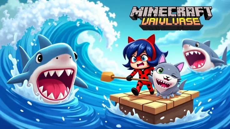 Crie um desenho de minecraft 2d cartoon,  the ladybug and the cat noir on a raft all broken in the middle of the ocean , They are fleeing screaming from the sharks that are following them ,  create a scenario where they are paddling amidst cloudy skies and...