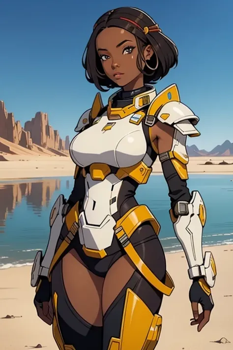 African women, Sexy feminine, sci-fi, In front of a lake in the desert, battle armor  