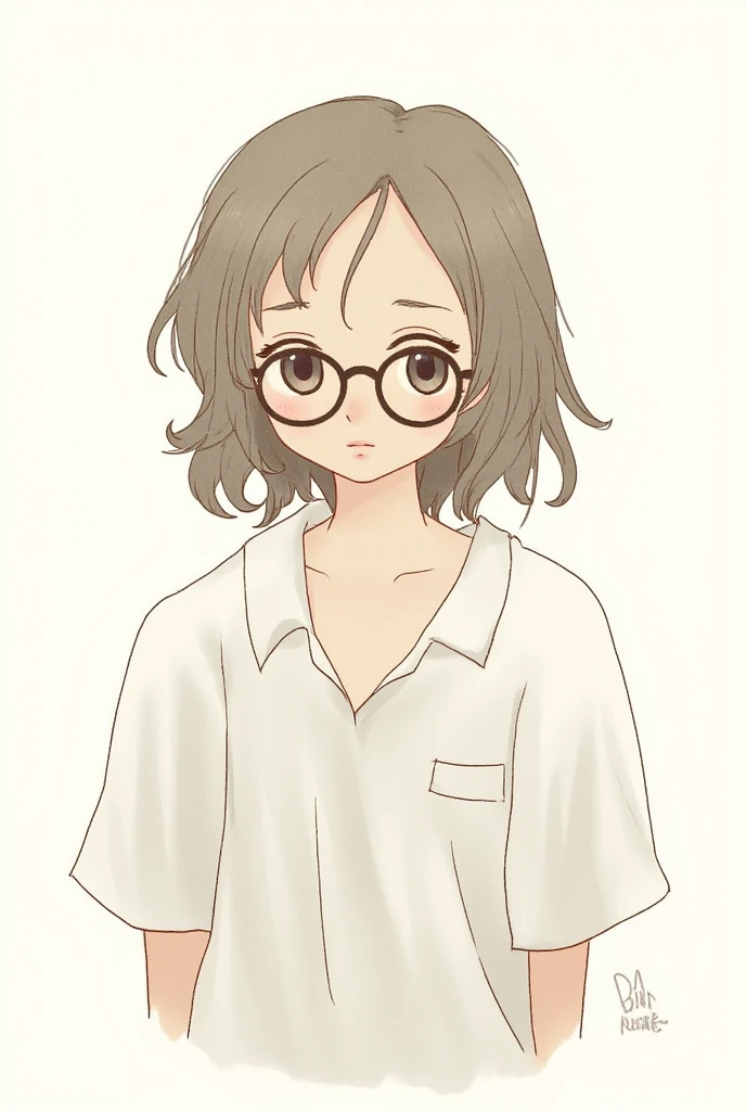 An illustration of a cute but plain girl with messy hair, careless clothing, and glasses.