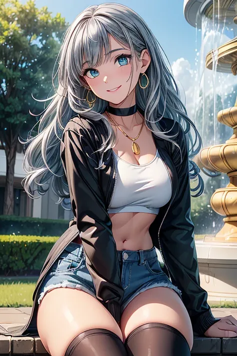  posing for a blue ,  cute girl, (( one girl )), ((baby face:1.4)), ((cute:1.4)), 
(( gold hoop earrings)), (( ornate gold necklace)), (( black choker )), 
break 

((green long sleeve stadium jacket:1.2)) + (( denim shorts:1.2)) + (( black thigh high socks...