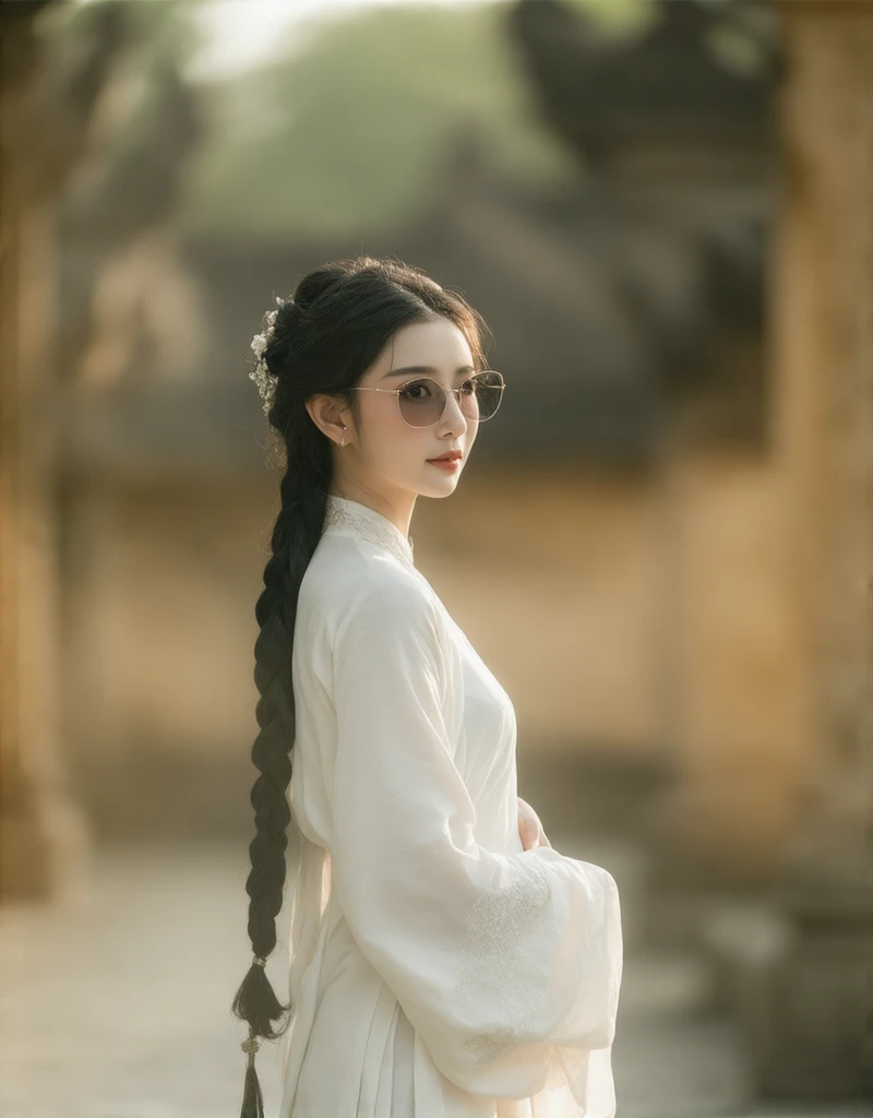 A soft, dreamy portrait of a Korean woman, her serene beauty captured in a minimalist white kebaya and a traditional batik sarong. Her dark, braided hair cascades down, and her sunglasses add a touch of modern elegance. The serene backdrop of a Bali Hindu ...